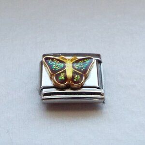 Sparkly brown enamel butterfly 9mm stainless steel italian charm bracelet link